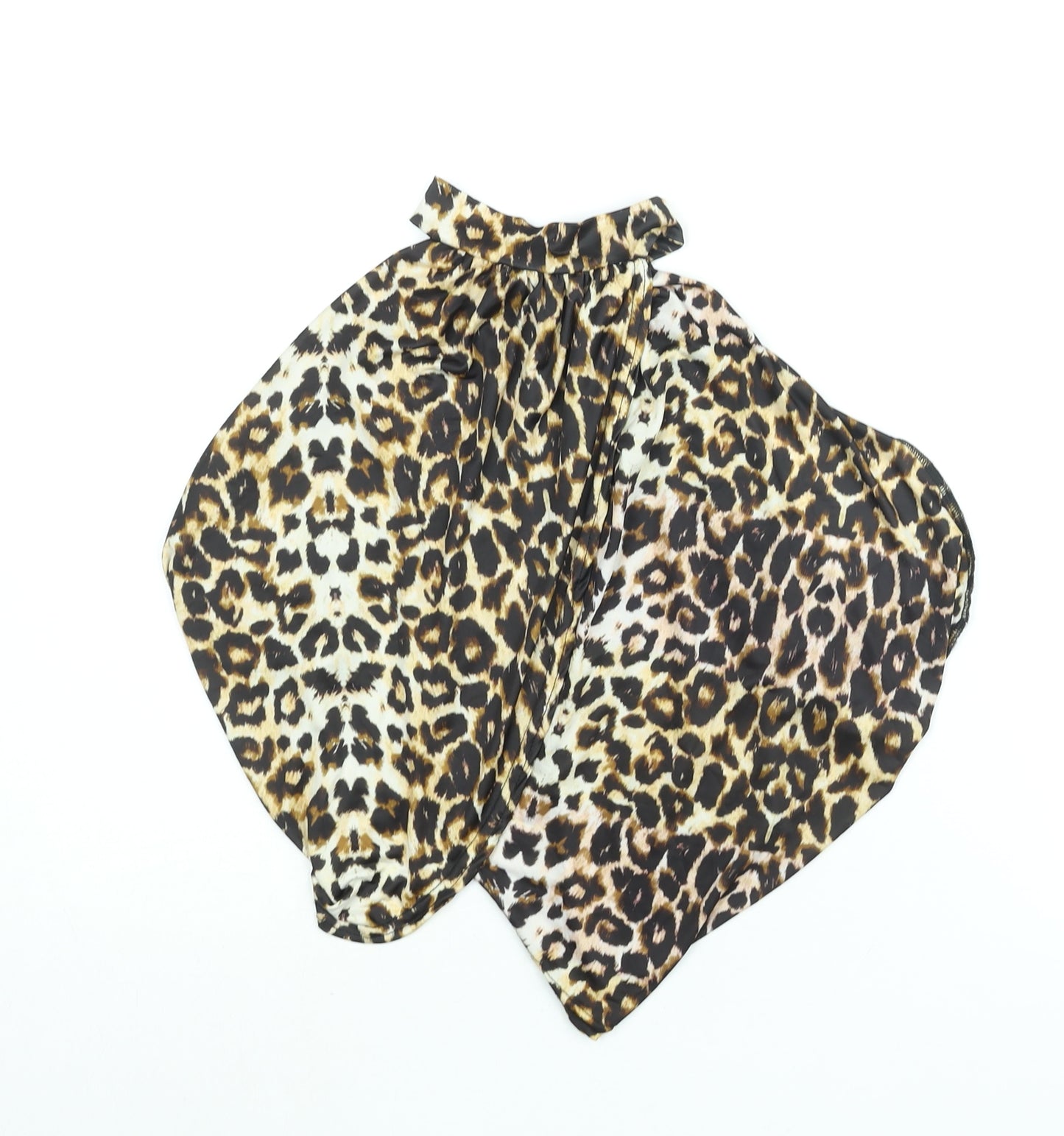 PRETTYLITTLETHING Womens Beige Animal Print Polyester Cropped Blouse Size 8 Mock Neck - Wrap Style Leopard Print