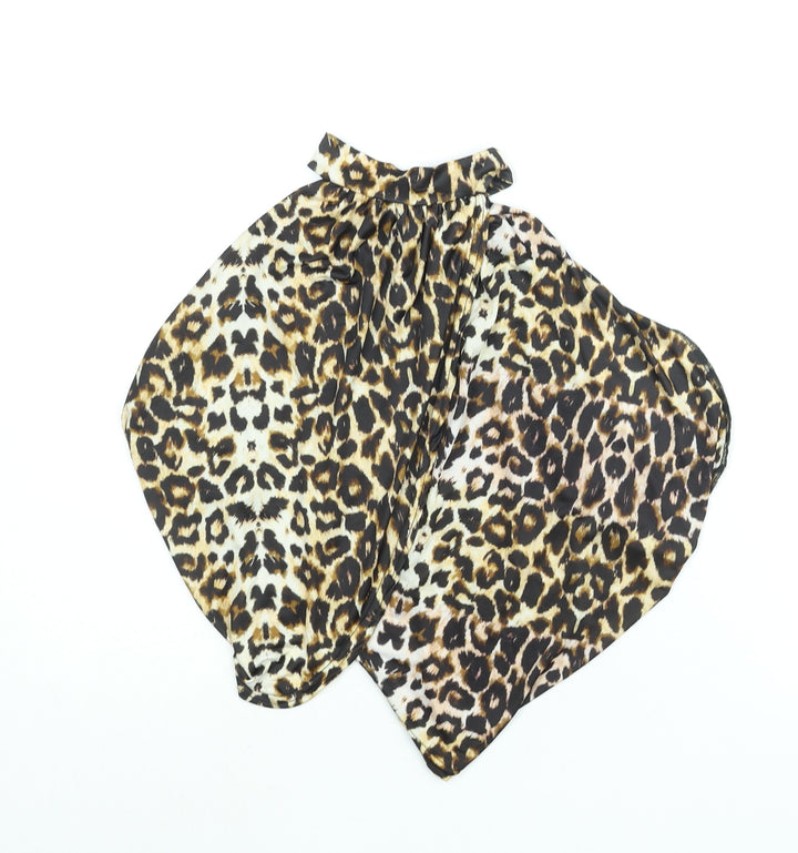 PRETTYLITTLETHING Womens Beige Animal Print Polyester Cropped Blouse Size 8 Mock Neck - Wrap Style Leopard Print