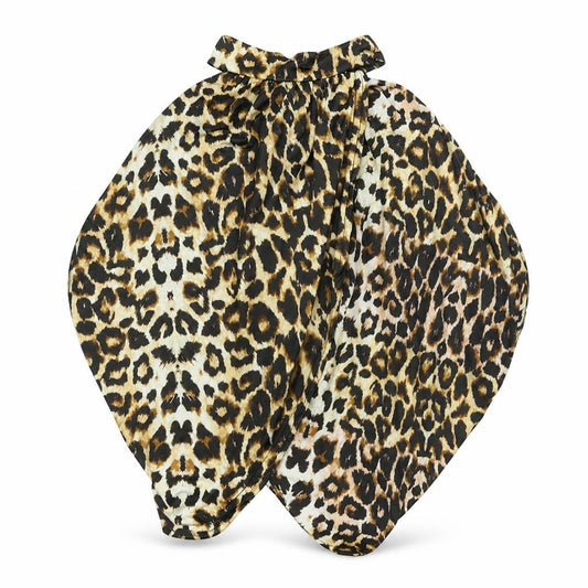 Front view of PRETTYLITTLETHING women’s beige animal print polyester cropped blouse, mock neck - wrap style leopard print