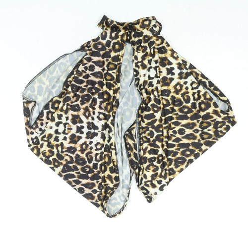 PRETTYLITTLETHING Womens Beige Animal Print Polyester Cropped Blouse Size 8 Mock Neck - Wrap Style Leopard Print