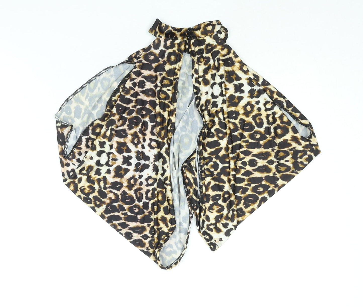 PRETTYLITTLETHING Womens Beige Animal Print Polyester Cropped Blouse Size 8 Mock Neck - Wrap Style Leopard Print