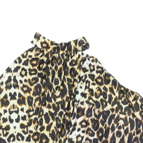 PRETTYLITTLETHING Womens Beige Animal Print Polyester Cropped Blouse Size 8 Mock Neck - Wrap Style Leopard Print