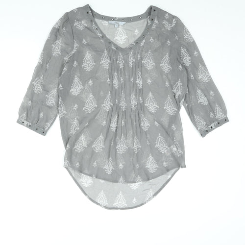 NEXT Womens Grey Geometric Polyester Basic Blouse Size 8 V-Neck - Eyelet Detail Semi Sheer