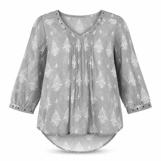 Front view of Next women’s grey geometric polyester basic blouse, size UK 8, v-neck - eyelet detail semi sheer