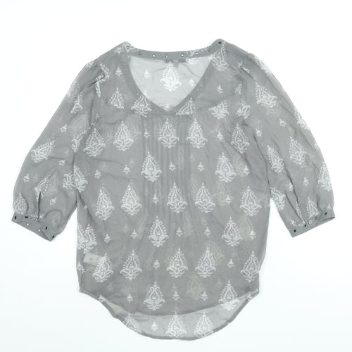 NEXT Womens Grey Geometric Polyester Basic Blouse Size 8 V-Neck - Eyelet Detail Semi Sheer