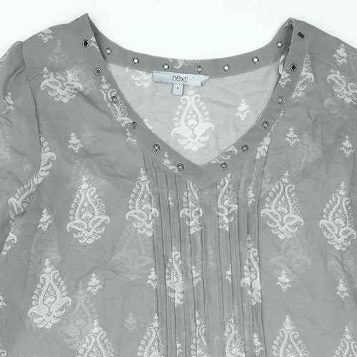 NEXT Womens Grey Geometric Polyester Basic Blouse Size 8 V-Neck - Eyelet Detail Semi Sheer