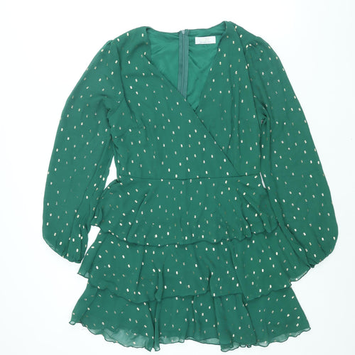 Quiz Womens Green Geometric Polyester A-Line Size 8 V-Neck Zip - Layered Frill