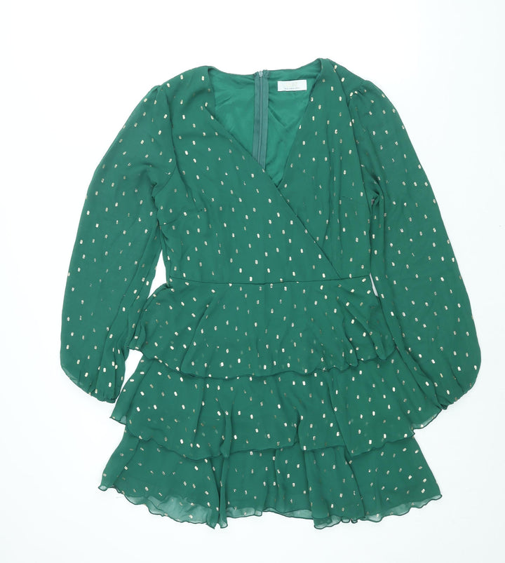 Quiz Womens Green Geometric Polyester A-Line Size 8 V-Neck Zip - Layered Frill