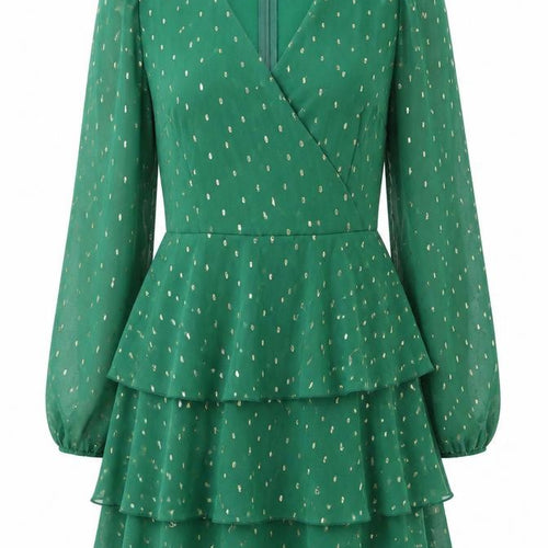 Quiz Womens Green Geometric Polyester A-Line Size 8 V-Neck Zip - Layered Frill