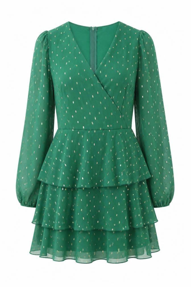 Quiz Womens Green Geometric Polyester A-Line Size 8 V-Neck Zip - Layered Frill
