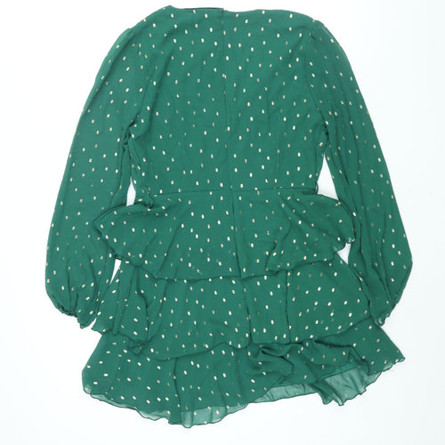 Quiz Womens Green Geometric Polyester A-Line Size 8 V-Neck Zip - Layered Frill
