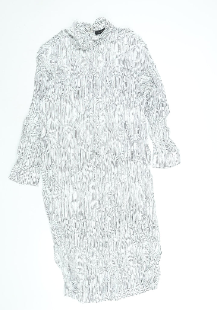 Autograph Womens White Striped Viscose Shift Size 12 Mock Neck Button - Side Slits