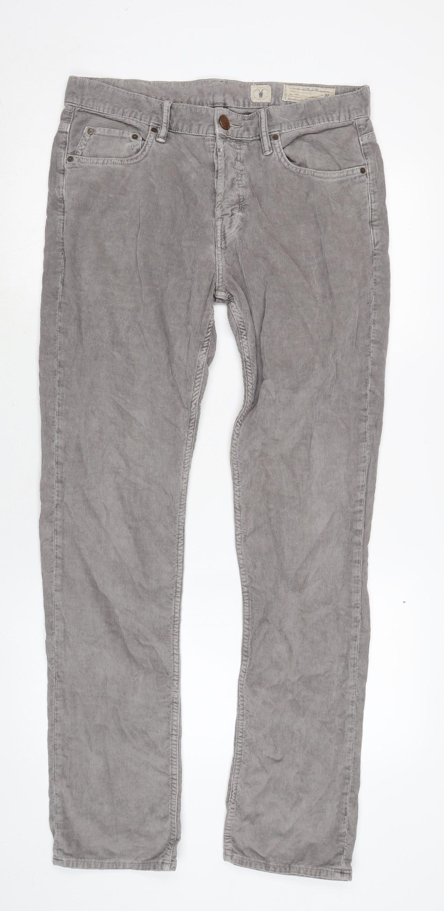 AllSaints Mens Grey Cotton Trousers Size 32 in L33 in Regular Button