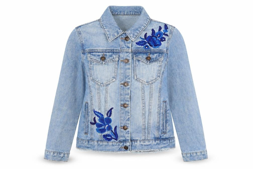 Front view of Denim women’s blue biker jacket, size UK 8, button