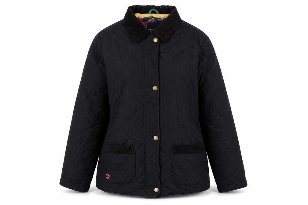 Front view of Betty kay women’s black quilted jacket, size UK 16, zip
