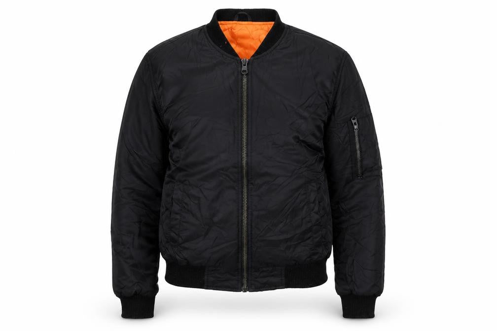 Front view of Topshop women’s black bomber jacket jacket, size UK 6, zip