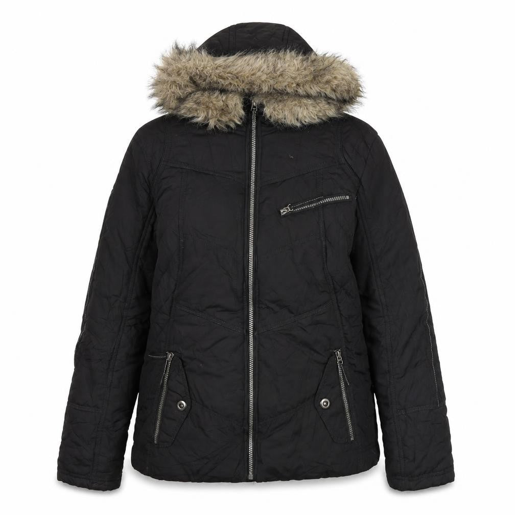 Front view of Jenson women’s black puffer jacket coat, size UK 12, zip