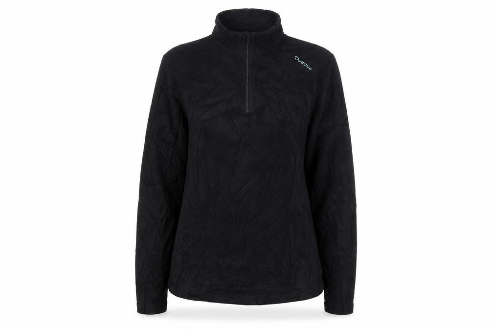 Front view of Decathlon women’s black mock neck polyester full zip jumper, size M