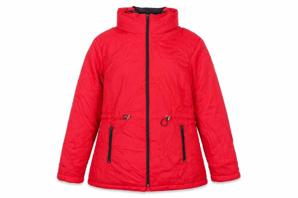 Front view of Anne De Lancay women’s red anorak jacket, size M, zip