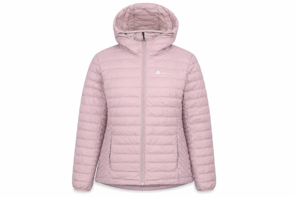 Front view of Technicals women’s pink quilted jacket, size UK 14, zip