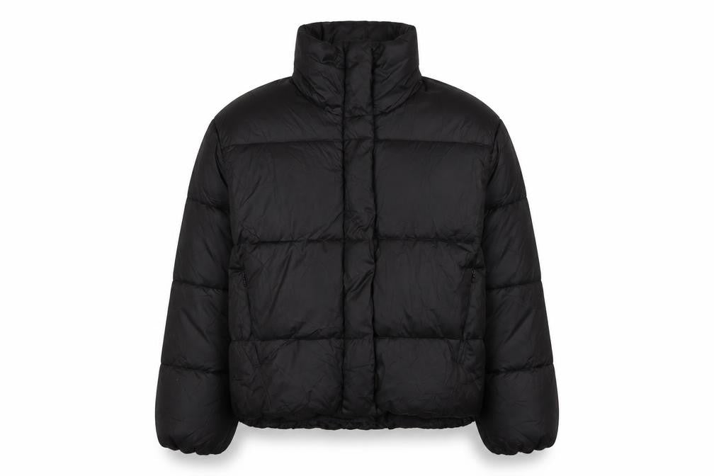 Front view of H&M men’s black puffer jacket jacket, size M, zip