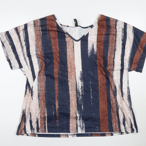 Noracora Womens Multicoloured Striped Polyester Basic T-Shirt Size XL V-Neck