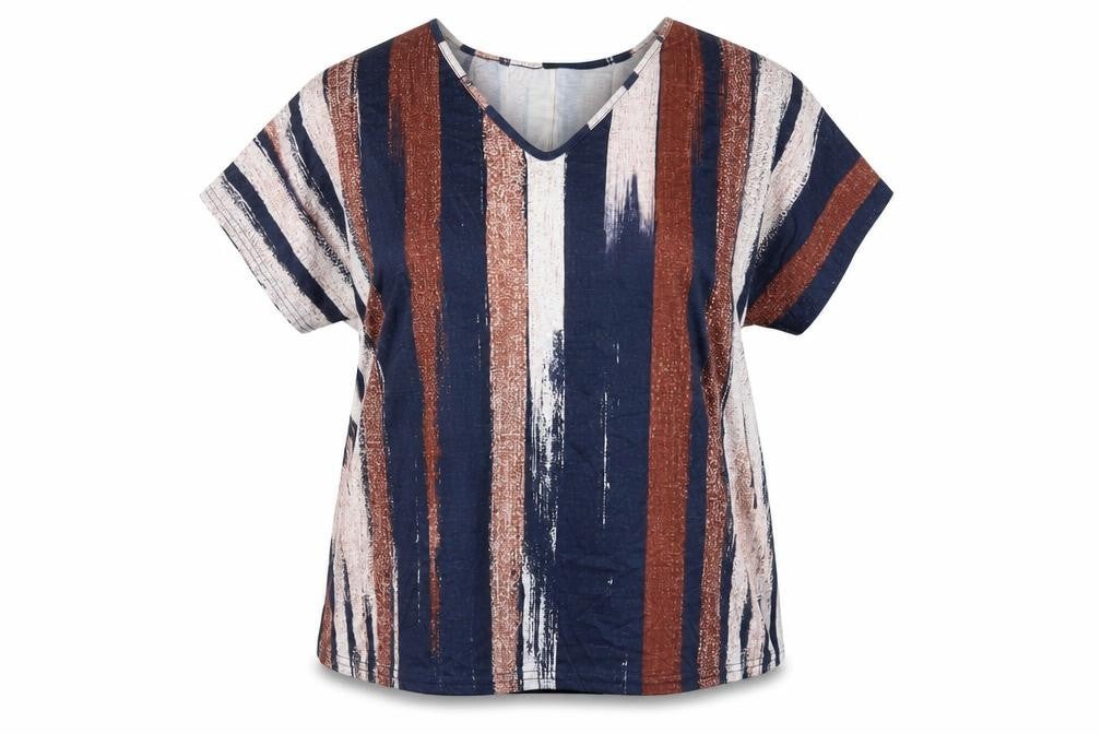 Front view of Noracora women’s multicoloured striped polyester basic t-shirt, size XL, v-neck