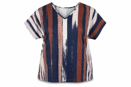 Front view of Noracora women’s multicoloured striped polyester basic t-shirt, size XL, v-neck