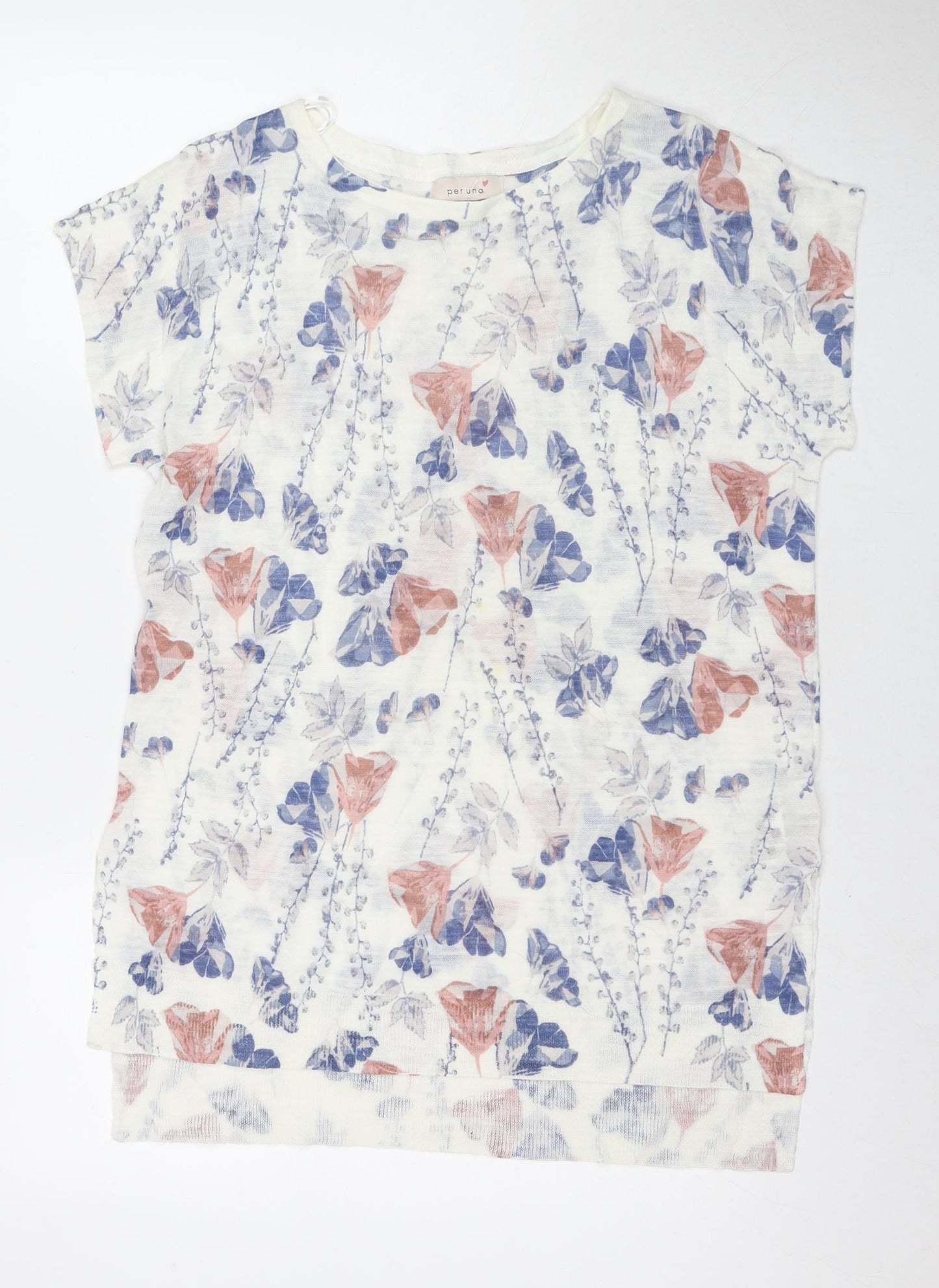 Per Una Womens White Floral Acrylic Tunic T-Shirt Size 14 Round Neck