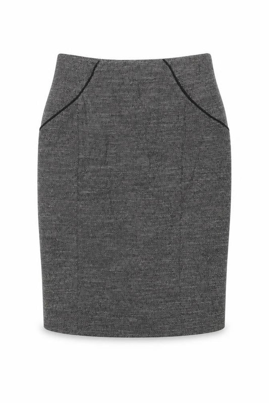 Front view of Oasis women’s grey polyester a-line skirt, size UK 8, zip