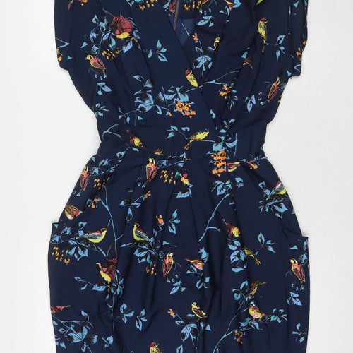 Closet Womens Blue Floral Polyester A-Line Size 12 V-Neck Zip
