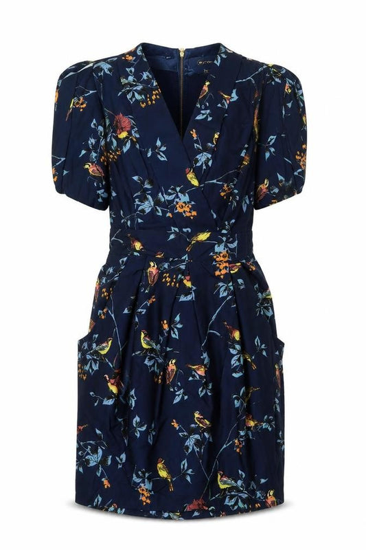 Front view of Closet women’s blue floral polyester a-line, size UK 12, v-neck zip