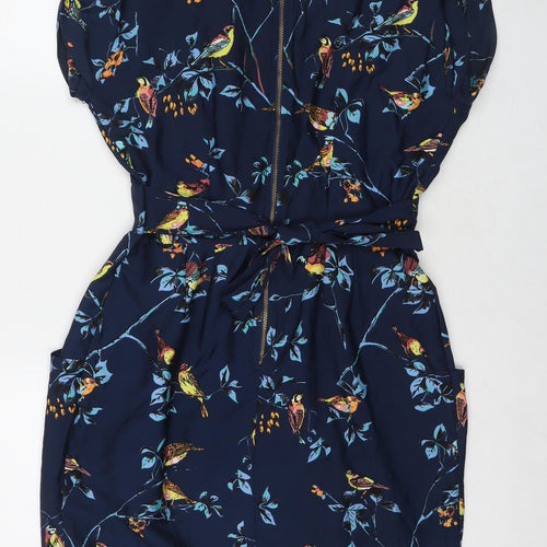 Closet Womens Blue Floral Polyester A-Line Size 12 V-Neck Zip