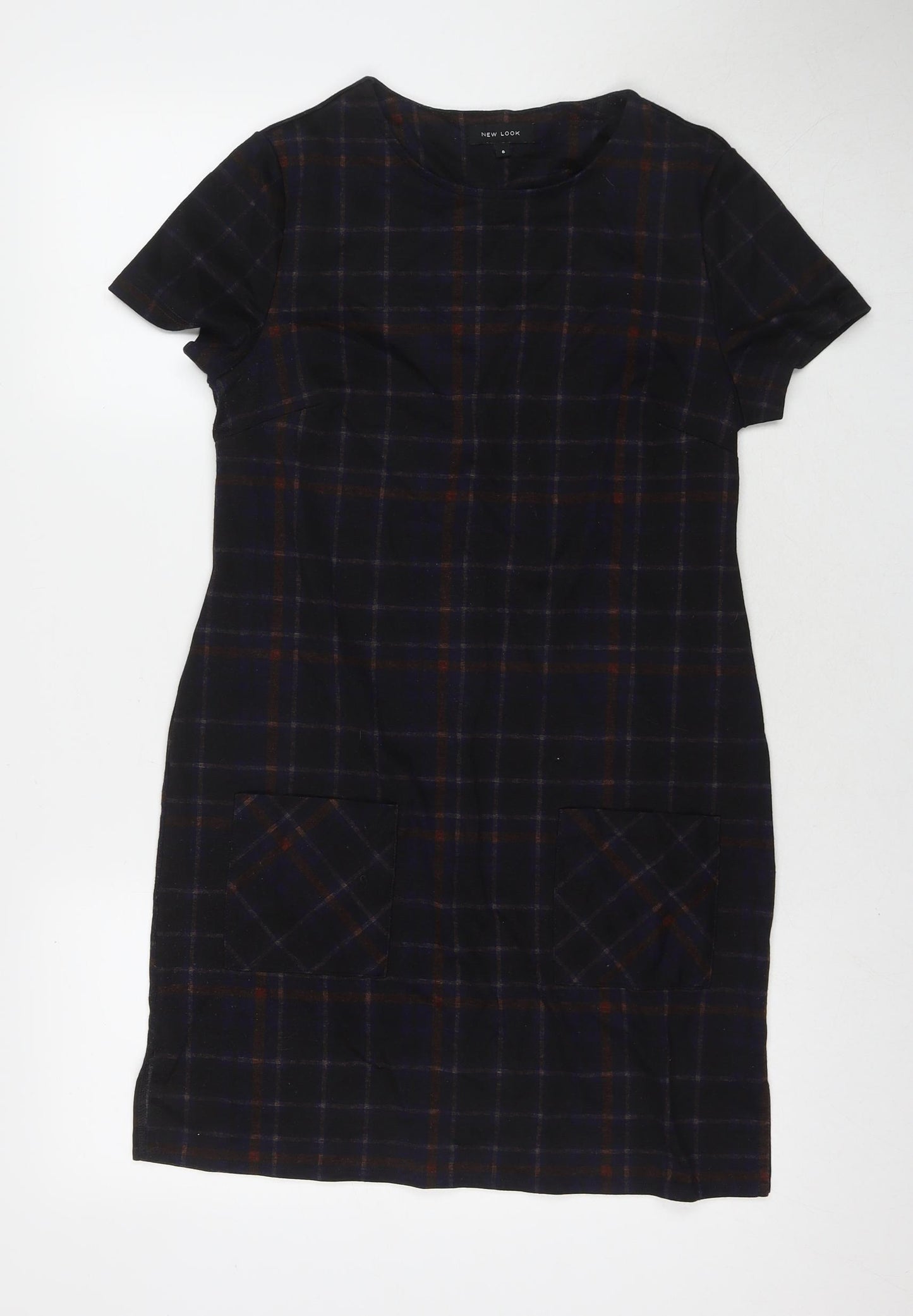 New Look Womens Black Check Polyester A-Line Size 8 Round Neck Pullover