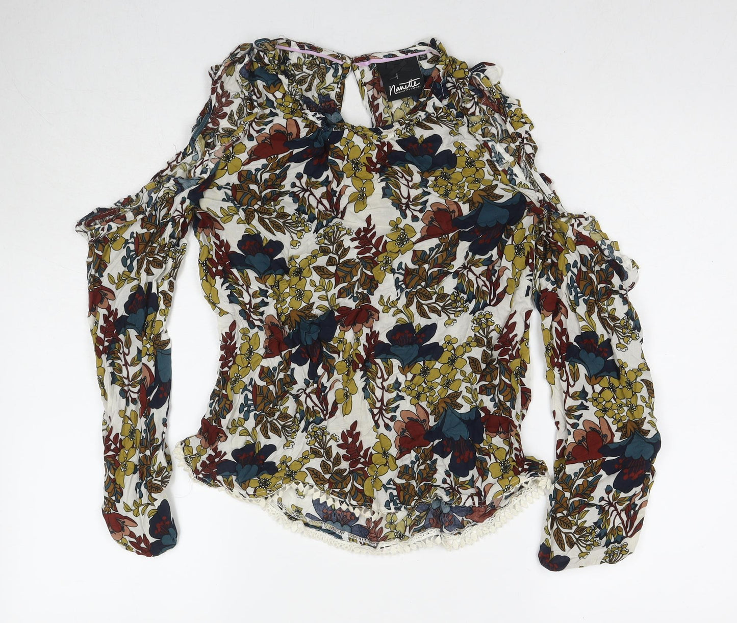 Nanette Womens Multicoloured Floral Viscose Basic Blouse Size XS Round Neck - Cold Shoulder