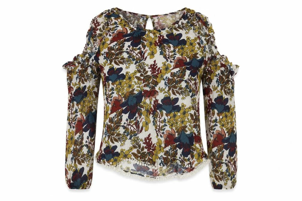 Front view of Nanette women’s multicoloured floral viscose basic blouse, size XS, round neck - cold shoulder