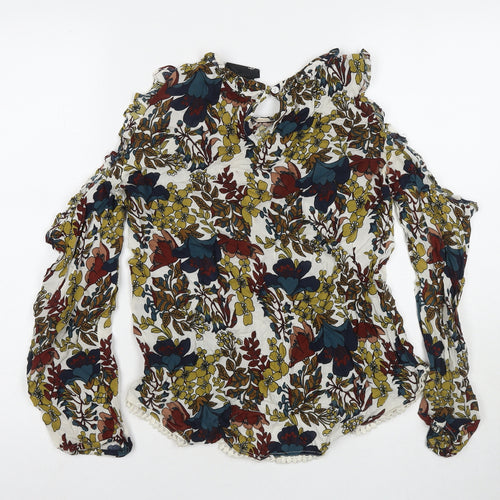 Nanette Womens Multicoloured Floral Viscose Basic Blouse Size XS Round Neck - Cold Shoulder