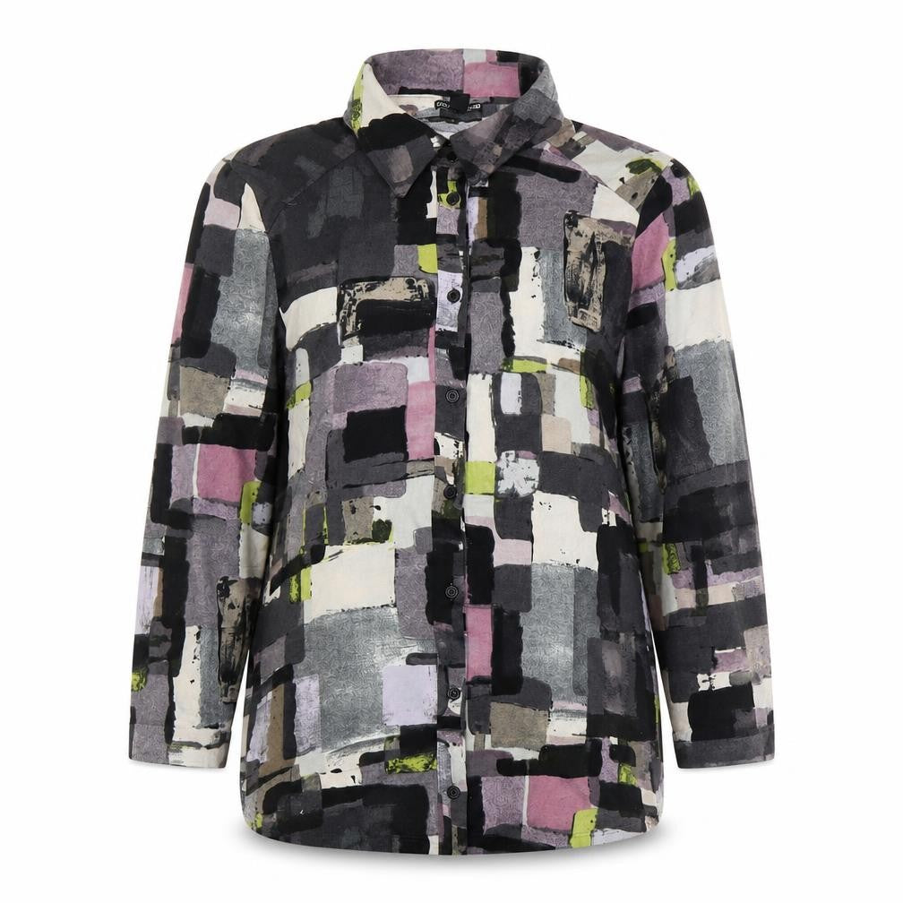 Nina Leonard Womens Green Geometric Polyester Basic Button-Up Size M Round Neck