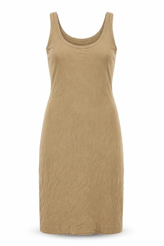 Front view of Arket women’s brown polyester tank dress, size S, round neck pullover