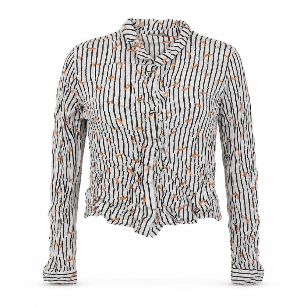 Front view of b.young women’s white striped viscose basic button-up, size UK 14, collared