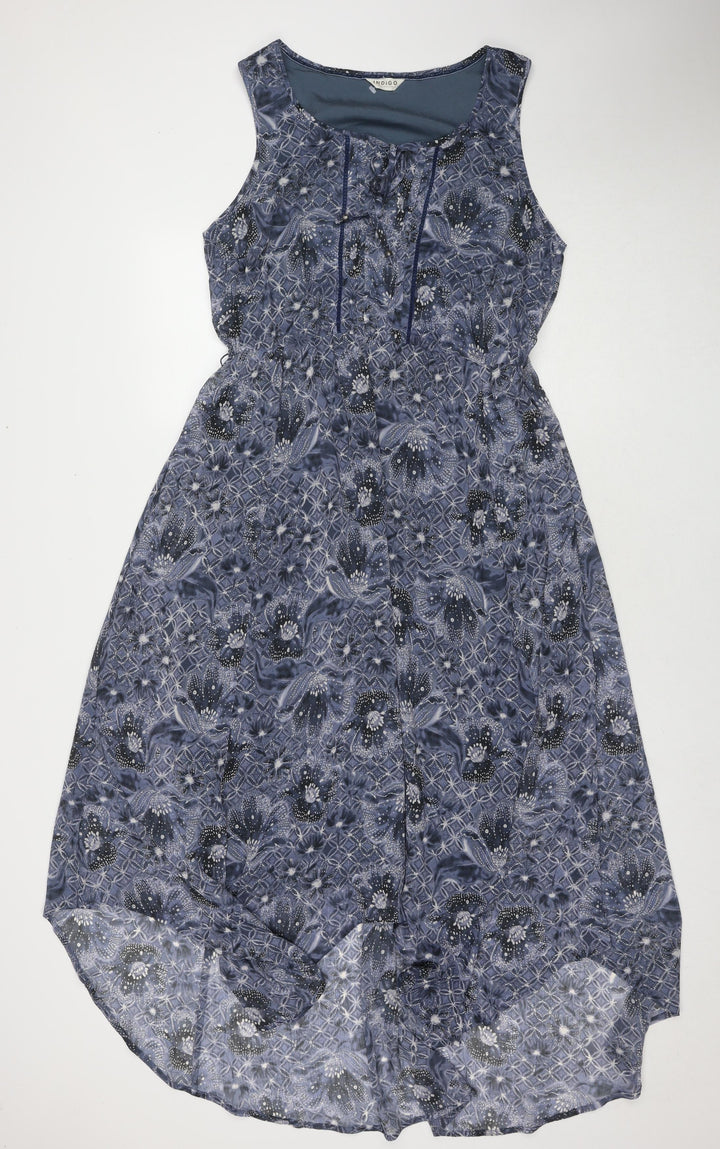 Indigo Womens Blue Geometric Polyester A-Line Size 14 Round Neck Pullover