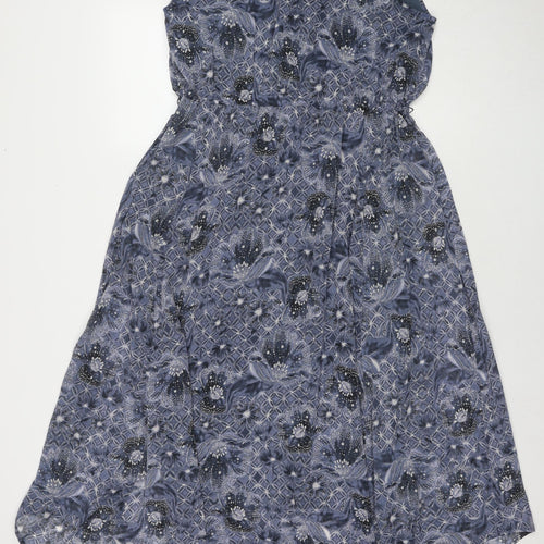 Indigo Womens Blue Geometric Polyester A-Line Size 14 Round Neck Pullover