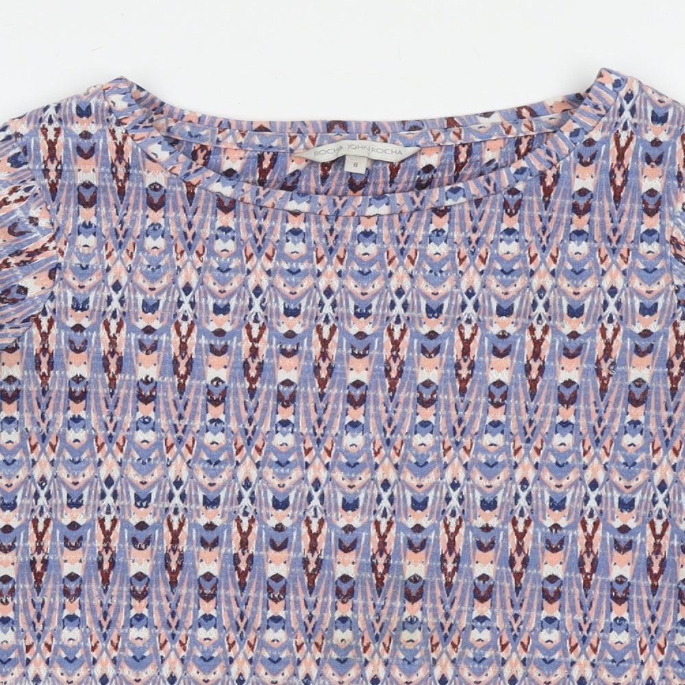 Debenhams Womens Blue Geometric Polyester Basic Blouse Size 8 Round Neck