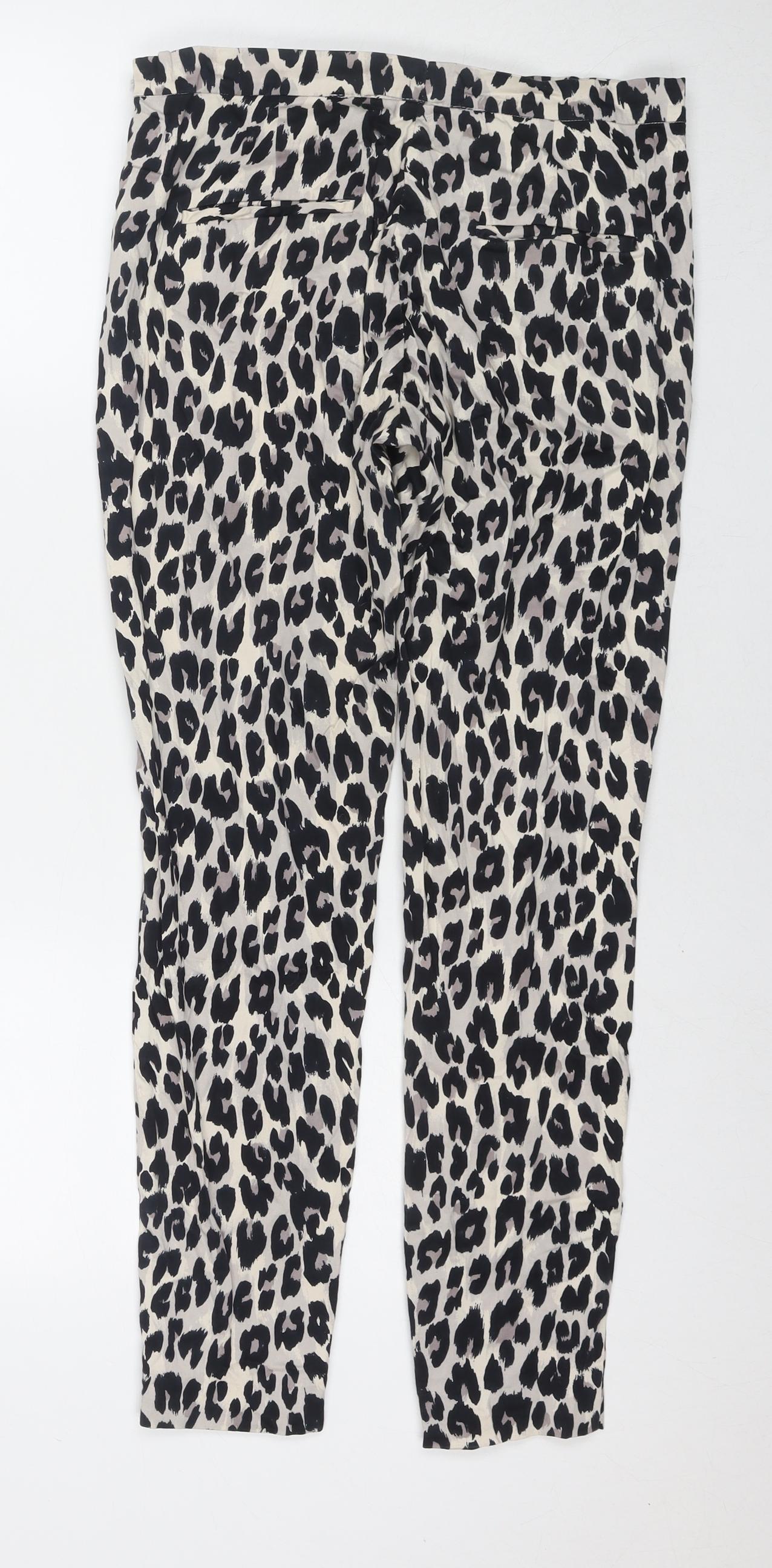 French Connection Womens Black Animal Print Cotton Trousers Size 14 L28 in Regular Zip