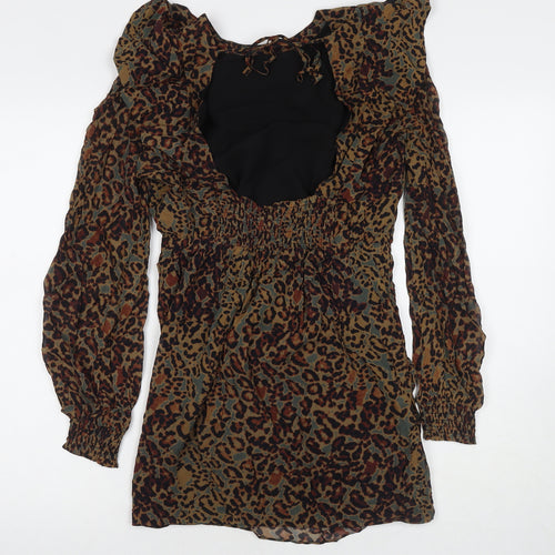 AllSaints Womens Brown Animal Print Viscose A-Line Size 8 Round Neck Pullover