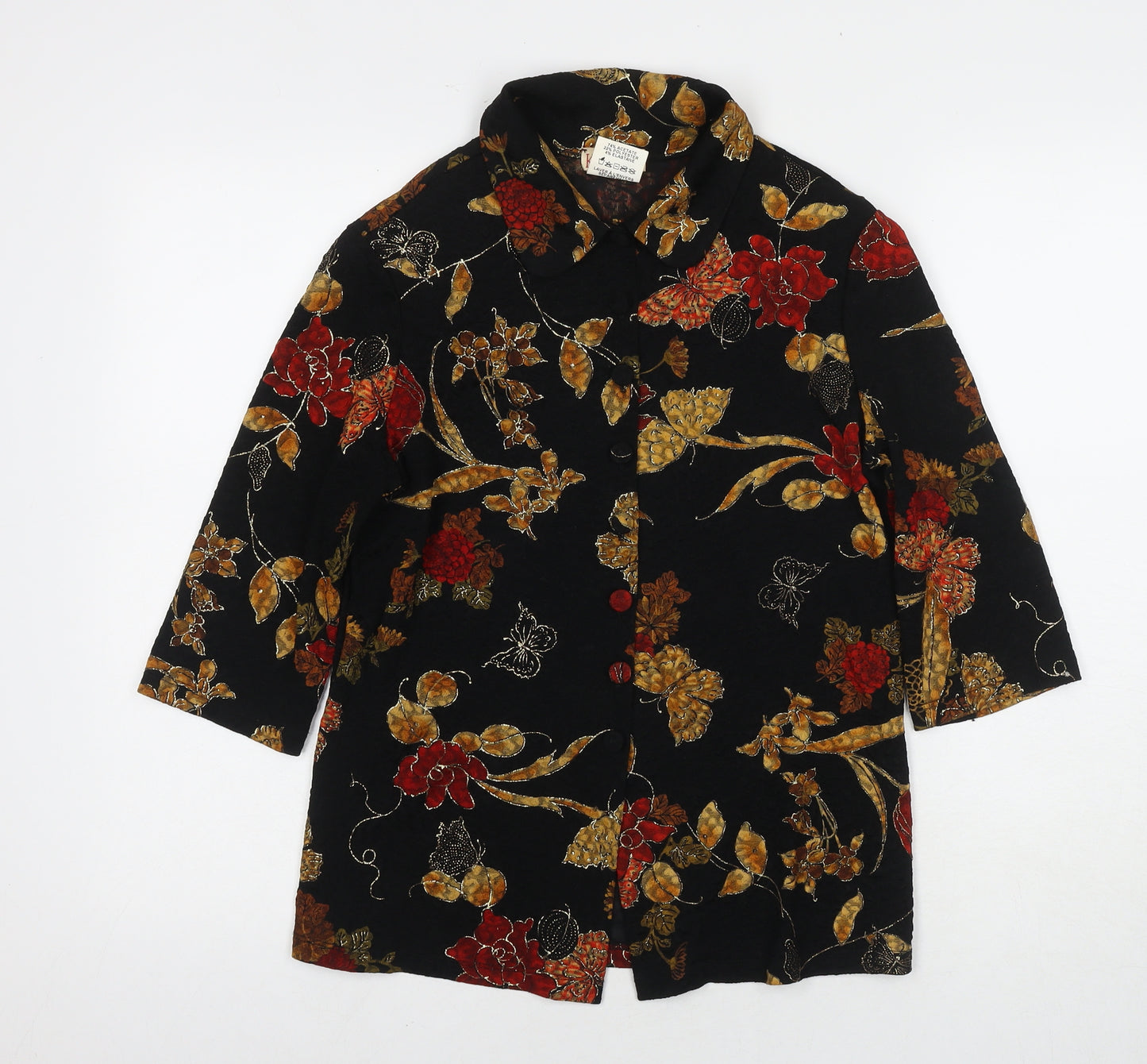 Kim&Co Womens Black Floral Acrylic Basic Button-Up Size S Collared