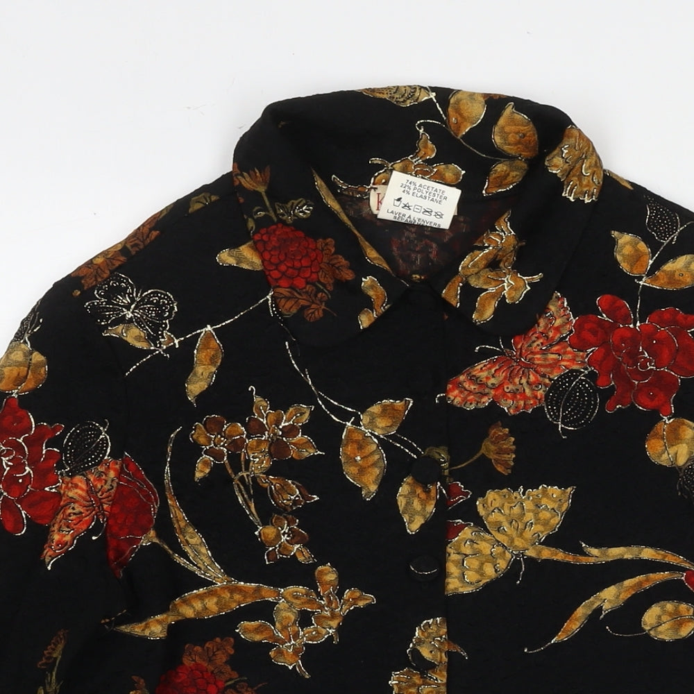 Kim&Co Womens Black Floral Acrylic Basic Button-Up Size S Collared