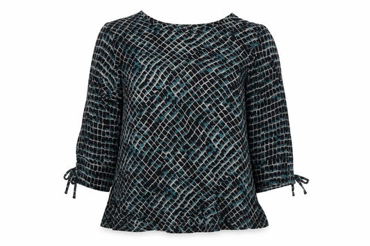 Front view of Masai women’s black geometric viscose basic blouse, size M, round neck