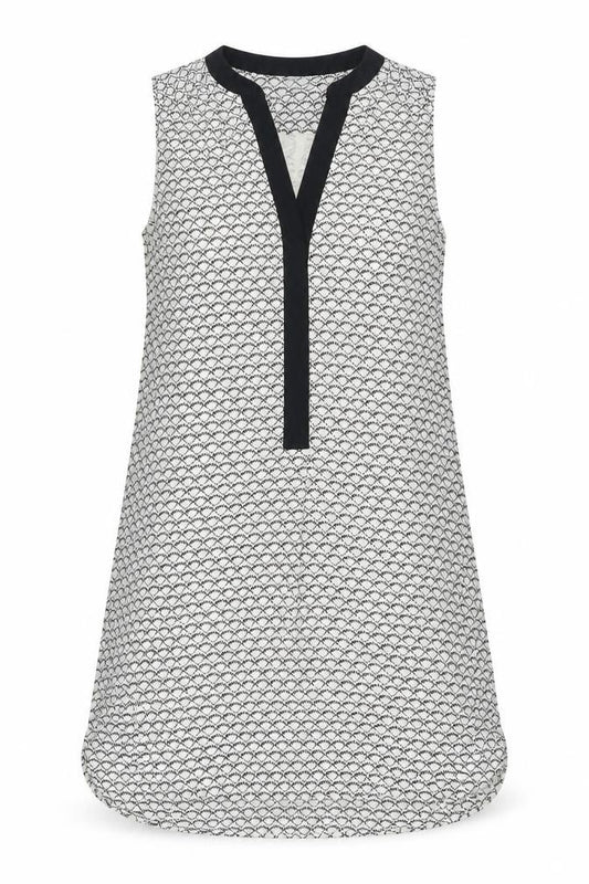 Front view of H&M women’s black geometric polyester a-line, size UK 10, v-neck pullover