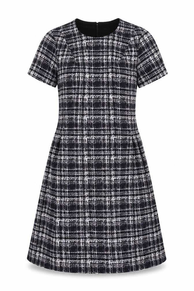 Front view of Dorothy Perkins women’s beige check polyester a-line, size UK 10, round neck button